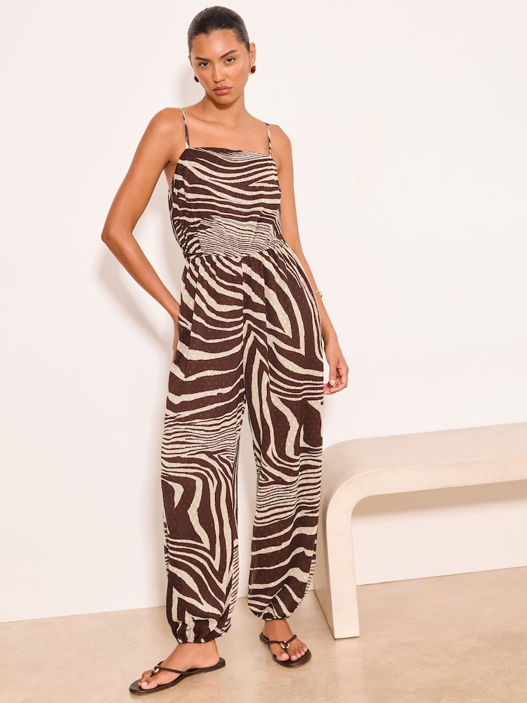 Lipsy Brown Zebra Animal Print Petite Strappy Balloon Trousers Jumpsuit - Image 1 of 5