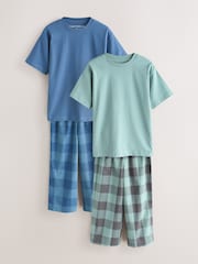 ブルー / グリーン チェック - 半袖 ウーブン ロングパジャマ 2 枚組（3～16 歳） - 画像 1 / 6