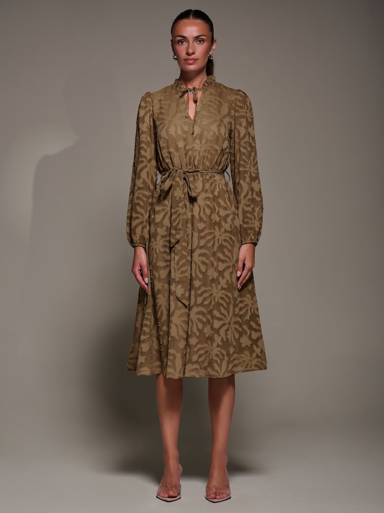 Jolie Moi Brown Tie Neck Chiffon Midi Dress - Image 1 of 6 Jolie Moi Brown Tie Neck Chiffon Midi Dress - Image 1 of 6