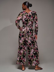 Jolie Moi Chrome Black Lace Wrap Tie Waist Long Sleeve Jumpsuit - Image 2 of 6