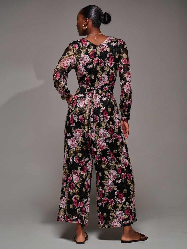 Jolie Moi Chrome Black Lace Wrap Tie Waist Long Sleeve Jumpsuit - Image 2 of 6 Jolie Moi Chrome Black Lace Wrap Tie Waist Long Sleeve Jumpsuit - Image 2 of 6