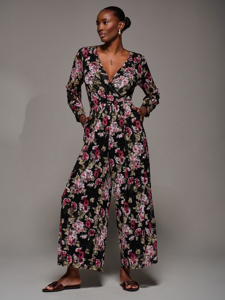 Jolie Moi Chrome Black Lace Wrap Tie Waist Long Sleeve Jumpsuit - Image 6 of 6 Jolie Moi Chrome Black Lace Wrap Tie Waist Long Sleeve Jumpsuit - Image 6 of 6