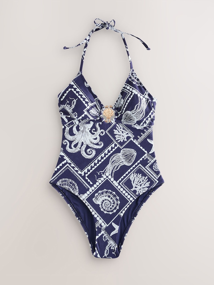 Navy Octopus Halter Neck Plunge Swimsuit - Image 1 of 4