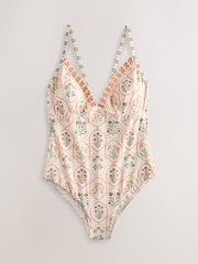 Ecru/Pfirsich geblümt - Figurformender Badeanzug mit tiefem Ausschnitt - Bild 6 von 8