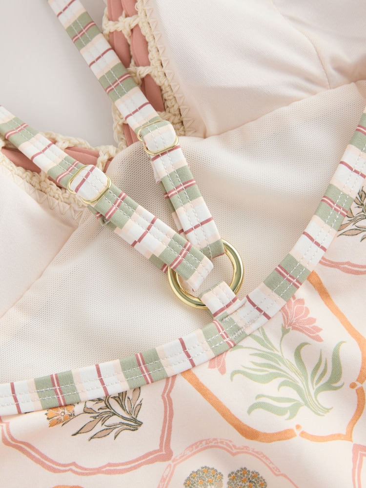 Ecru/Pfirsich geblümt - Figurformender Badeanzug mit tiefem Ausschnitt - Bild 8 von 8