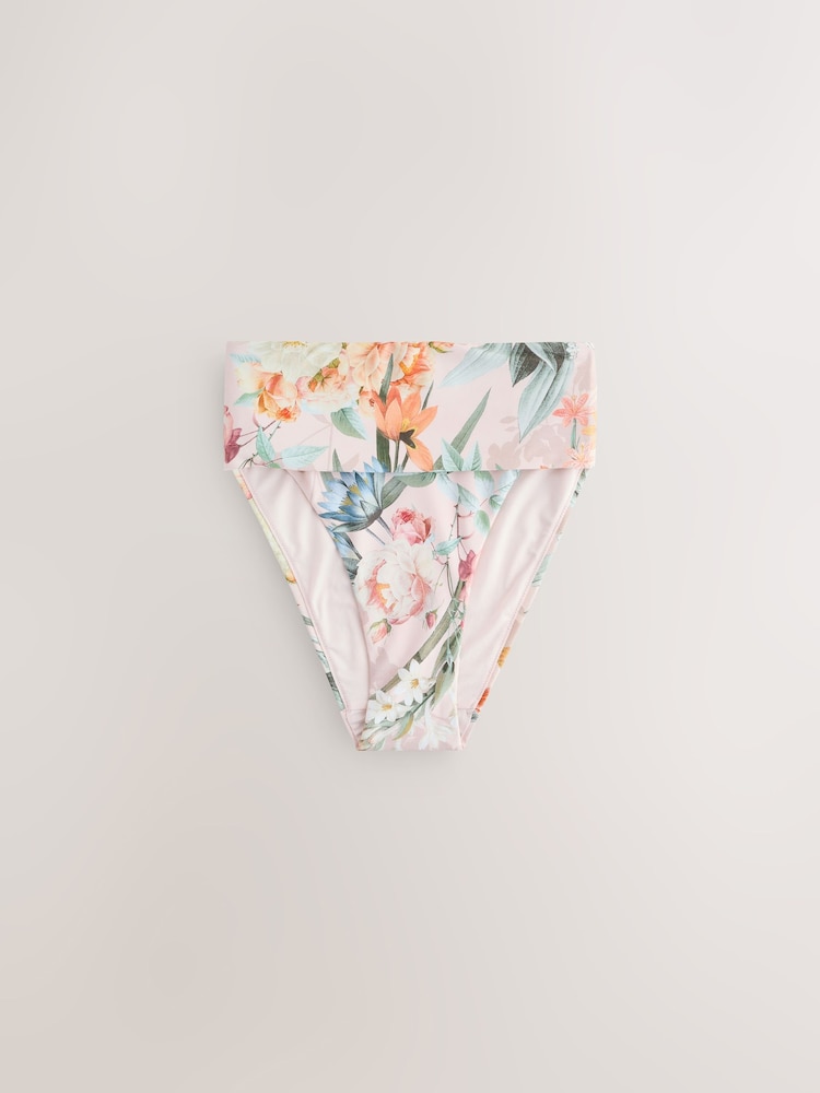 Pink Floral High Waist High Leg Roll Top Bikini Bottoms - Image 1 of 3 Pink Floral High Waist High Leg Roll Top Bikini Bottoms - Image 1 of 3