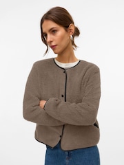 VERO MODA Brown Borg Faux Fur Button Down Jacket - Image 1 of 5