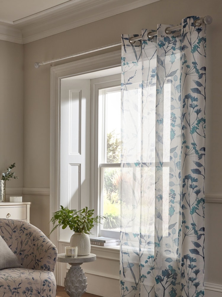 Blue Isla Floral Printed Eyelet Unlined Sheer Panel Voile Curtains - Image 2 of 5 Blue Isla Floral Printed Eyelet Unlined Sheer Panel Voile Curtains - Image 2 of 5