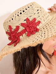 Lipsy Natural Openwork Flower Floppy Hat - Image 2 of 7