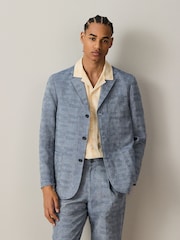 Blue Relaxed Fit Check Cotton Rich Texture Suit Jacket - Image 1 of 10