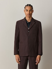 Brown Relaxed Fit Cotton Blend Textured Check Suit Jacket - Image 1 of 5
