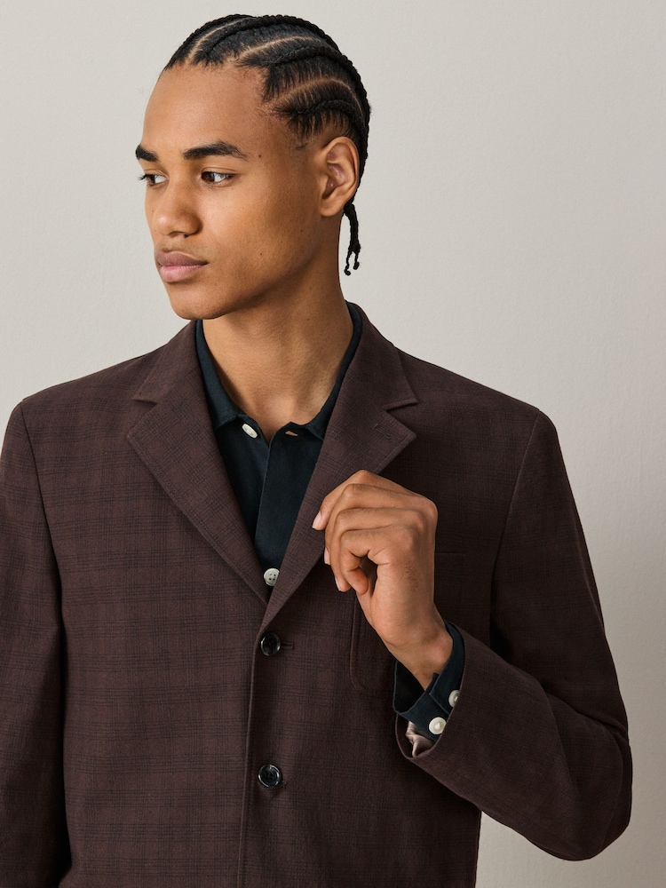 Brown Relaxed Fit Cotton Blend Textured Check Suit Jacket - Image 2 of 5 Brown Relaxed Fit Cotton Blend Textured Check Suit Jacket - Image 2 of 5