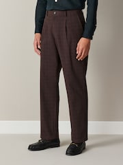Brown Relaxed Fit Cotton Blend Textured Check Suit Trousers - Image 1 of 9