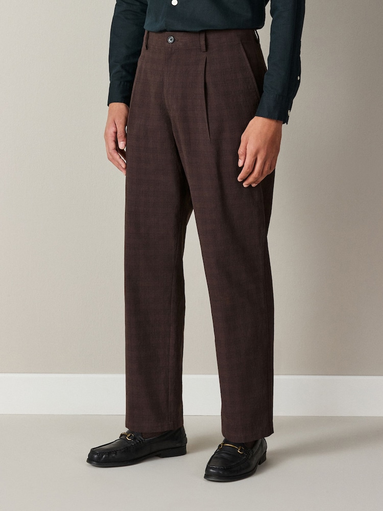Brown Relaxed Fit Cotton Blend Textured Check Suit Trousers - Image 1 of 9 Brown Relaxed Fit Cotton Blend Textured Check Suit Trousers - Image 1 of 9