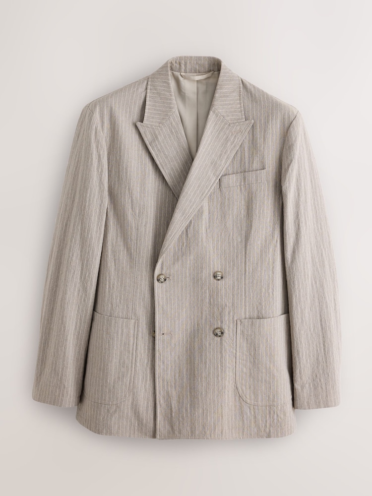 Piedra - Relaxed Fit Double Breasted Cotton Blend Textured Stripe Suit Jacket - Imagen 1 de 6