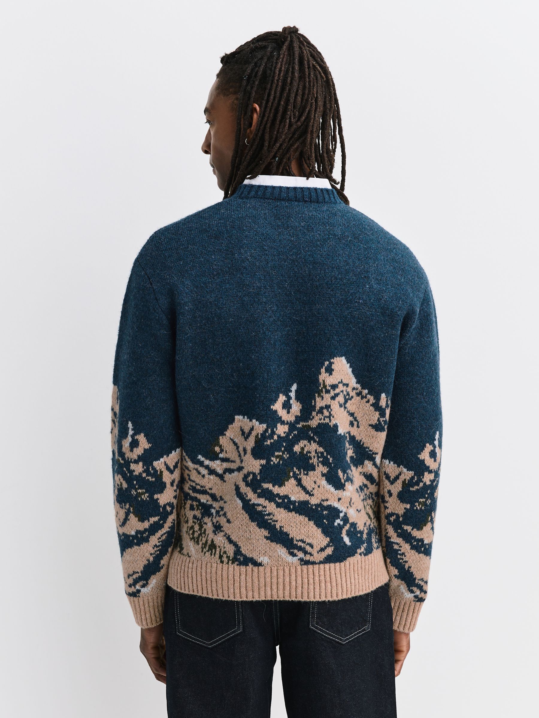 Buy Navy Blue Relaxed Fit Knitted Mountain Landscape Crew Neck