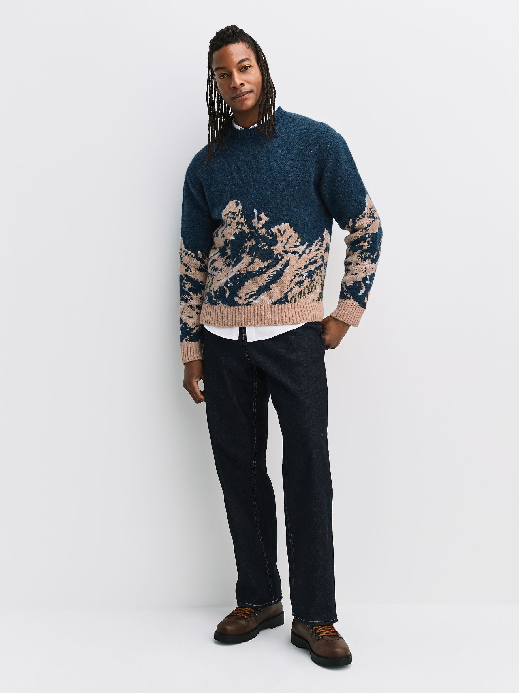 Buy Navy Blue Relaxed Fit Knitted Mountain Landscape Crew Neck