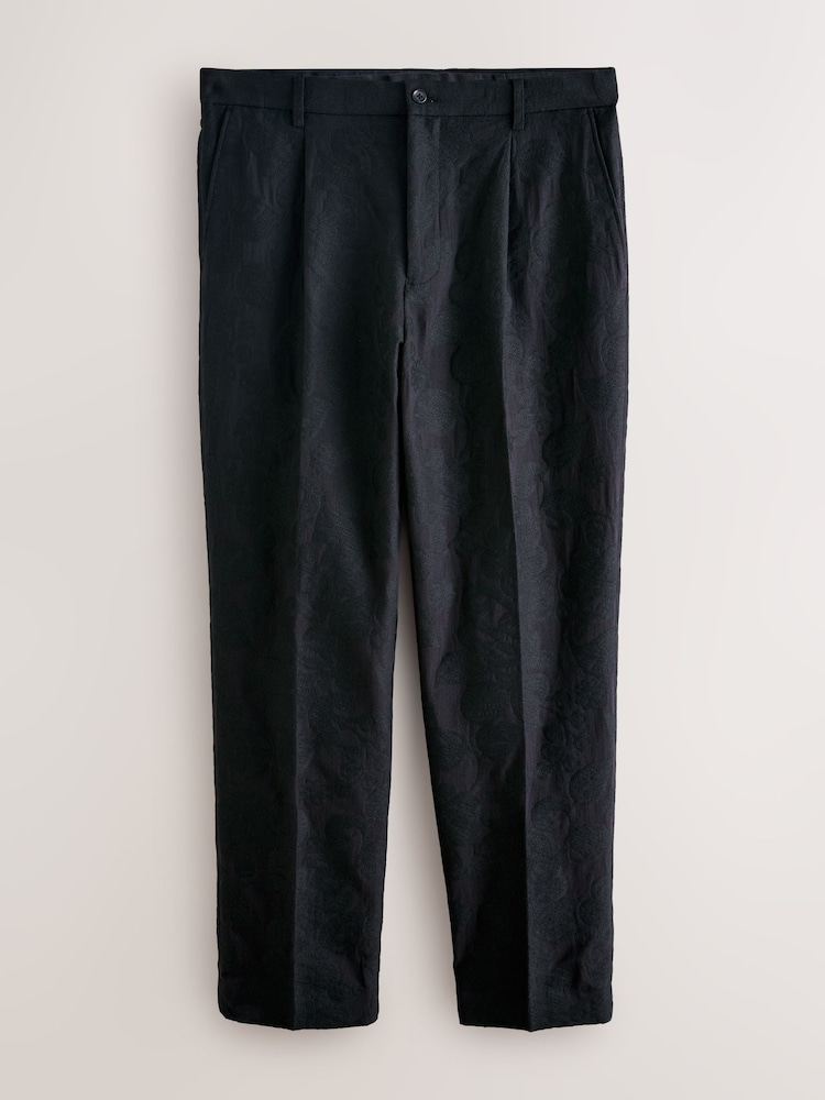Negru - Relaxed Fit Tapestry Pattern Texture Cotton Rich Suit Trousers - Imaginea 1 din 6