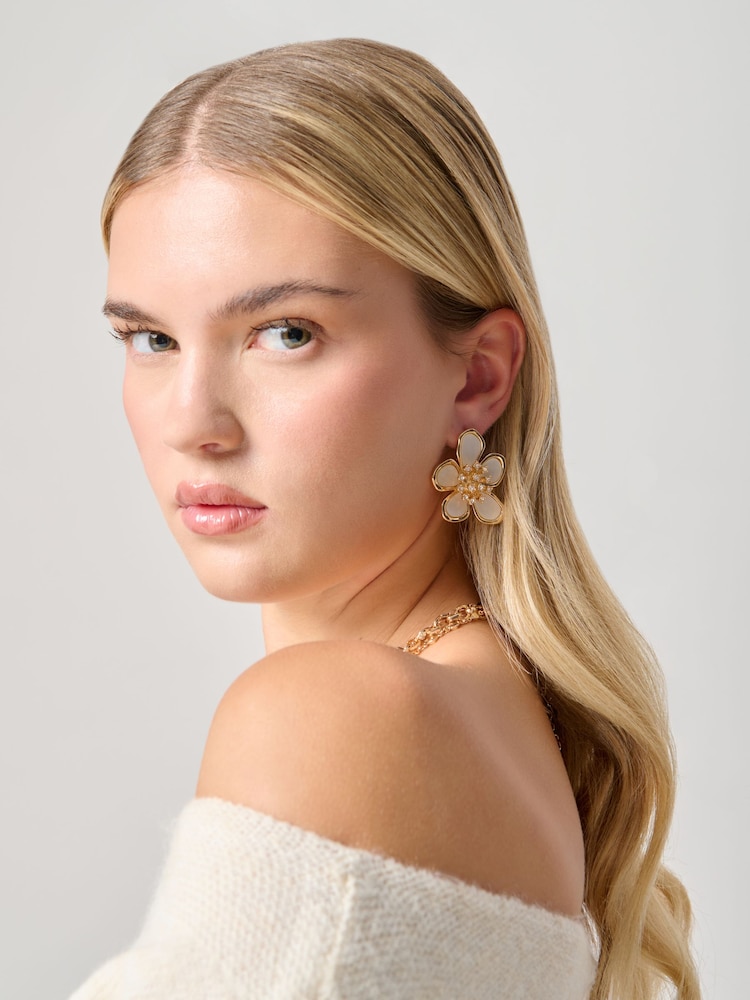 Aela Rhinestone Flower Cream Earrings - Imaginea 1 din 3