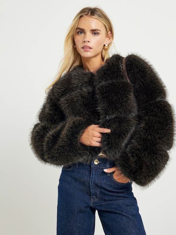 River Island Brown Petite Crop Panel Fur Jacket - Image 1 of 4