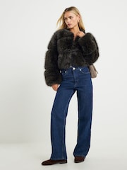 River Island Brown Petite Crop Panel Fur Jacket - Image 2 of 4