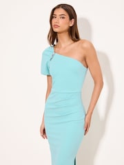 Lipsy Mint Green Petite Puff Sleeve One Shoulder Ruched Midi Dress - Image 3 of 4