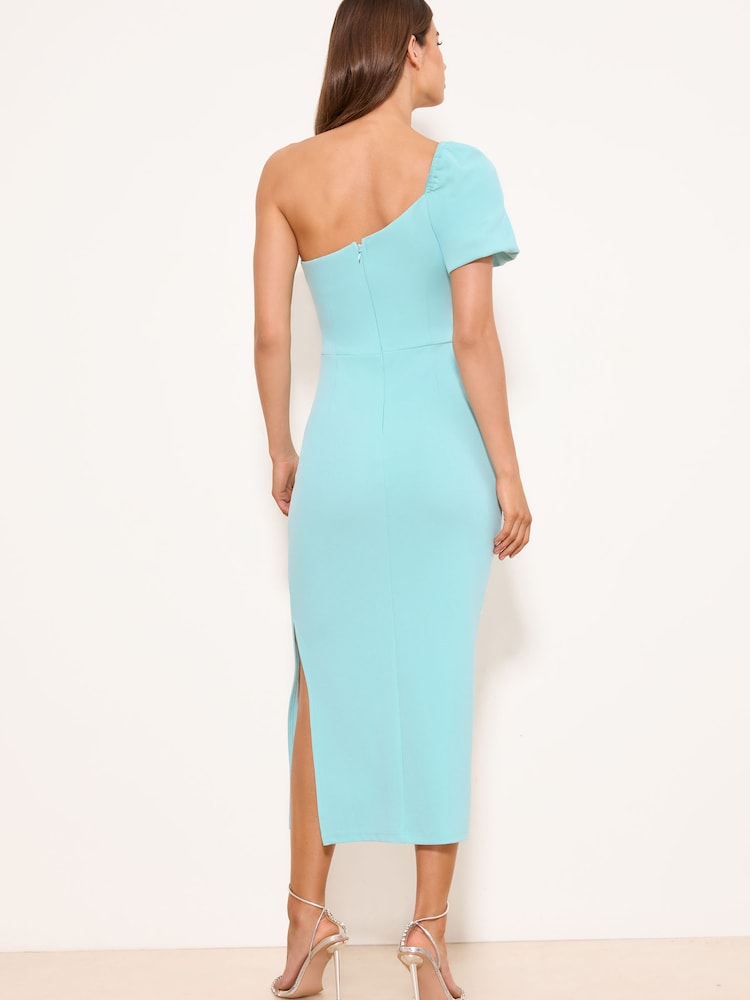 Lipsy Mint Green Petite Puff Sleeve One Shoulder Ruched Midi Dress - Image 4 of 4