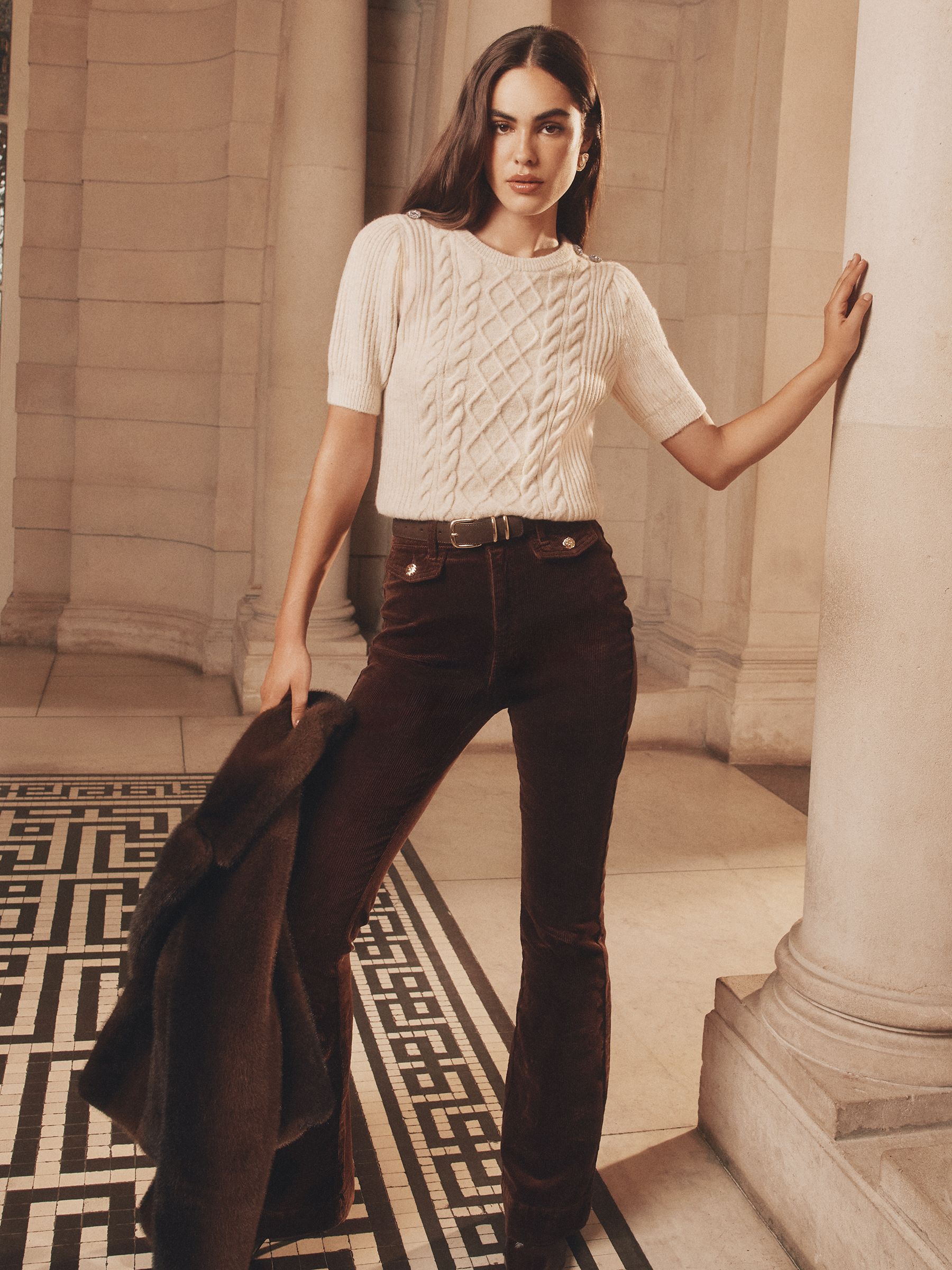 Buy Lipsy Neutral Supersoft Crew Neck Short Sleeve Buttoned Cable