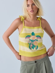 Lime Green Stripe Embroidered Cotton Rich Crochet Cami Top - Image 2 of 8