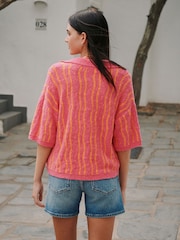 Pink/Orange Embroidered Cotton Rich Towelling Tie Front Shirt - Image 4 of 8