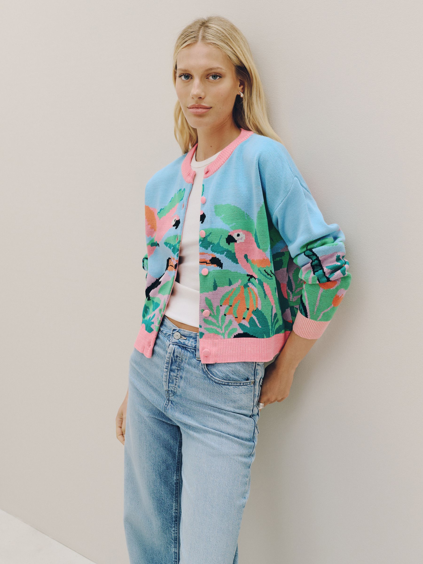 Buy Blue/Pink Multi Scenic Tropical Bird Crew Neck Cardigan from