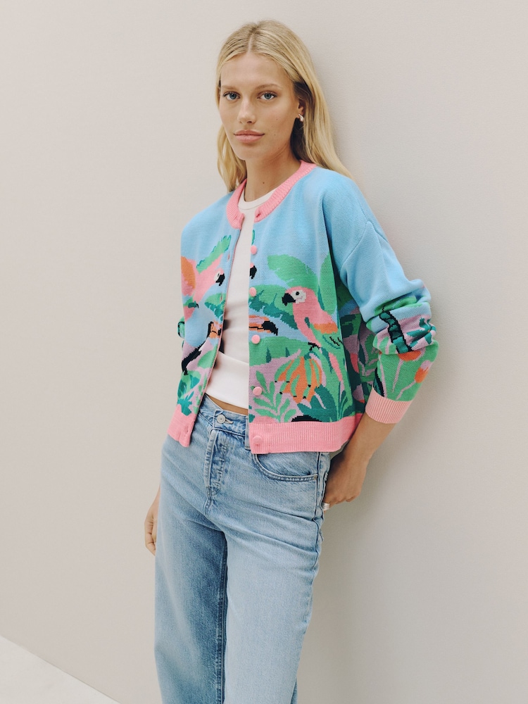 Blue/Pink Multi Scenic Tropical Bird Crew Neck Cardigan - Image 1 of 5