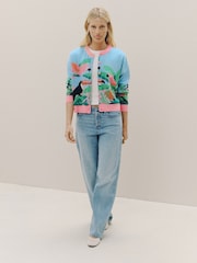 Blue/Pink Multi Scenic Tropical Bird Crew Neck Cardigan - Image 2 of 5