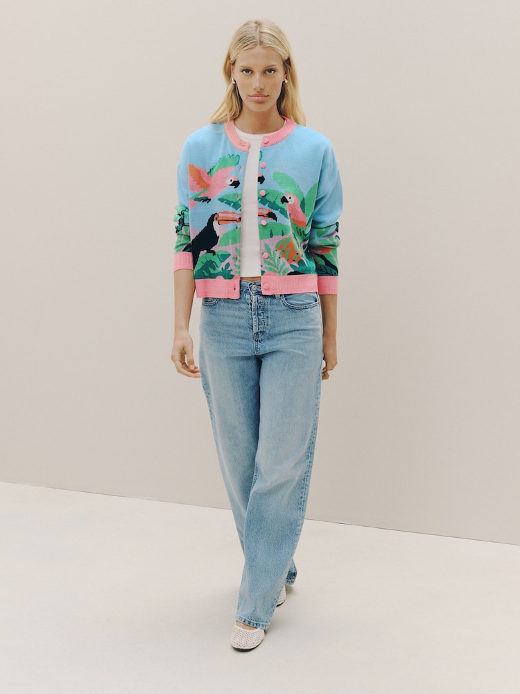 Blue/Pink Multi Scenic Tropical Bird Crew Neck Cardigan - Image 2 of 5