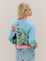 Blue/Pink Multi Scenic Tropical Bird Crew Neck Cardigan - Image 3 of 5