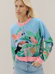 Blue/Pink Multi Scenic Tropical Bird Crew Neck Cardigan - Image 4 of 5