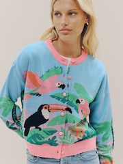 Blue/Pink Multi Scenic Tropical Bird Crew Neck Cardigan - Image 5 of 5