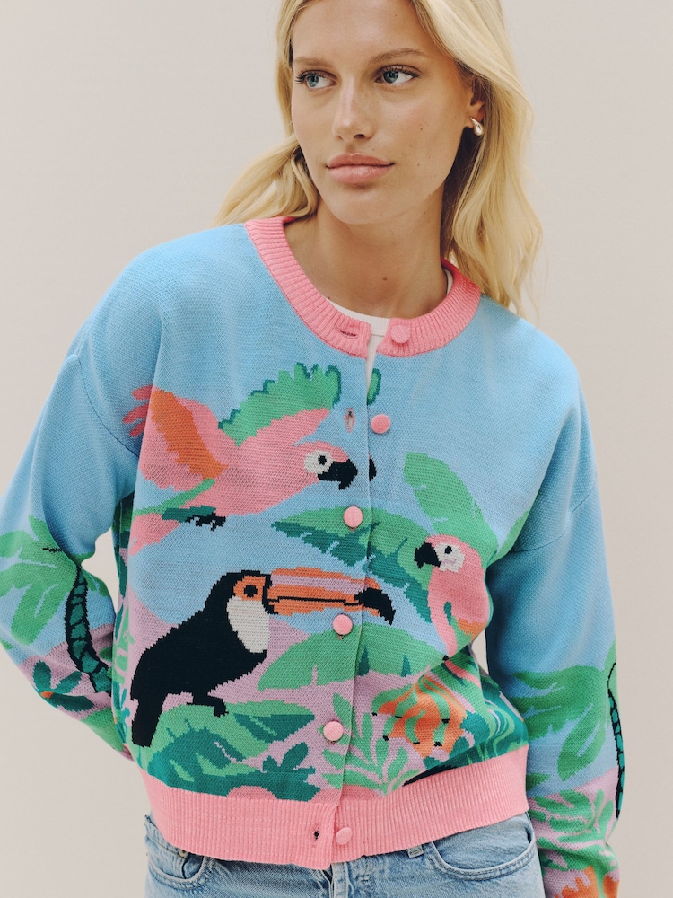 Blue/Pink Multi Scenic Tropical Bird Crew Neck Cardigan - Image 5 of 5