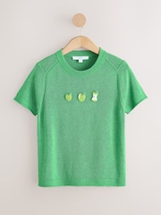 Green Fruit Embellished Short Sleeve Crew Neck Top With Linen - Image 5 of 8