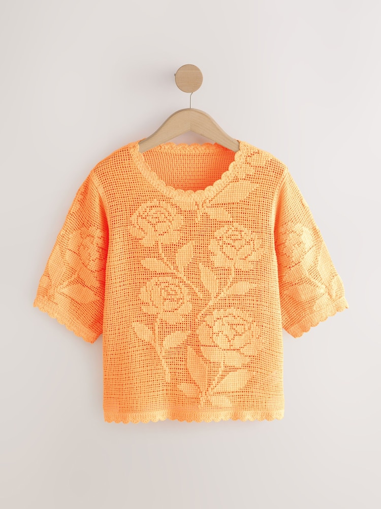 Fluro Orange Short Sleeve Floral Crochet Crew Neck T-Shirt - Image 1 of 3