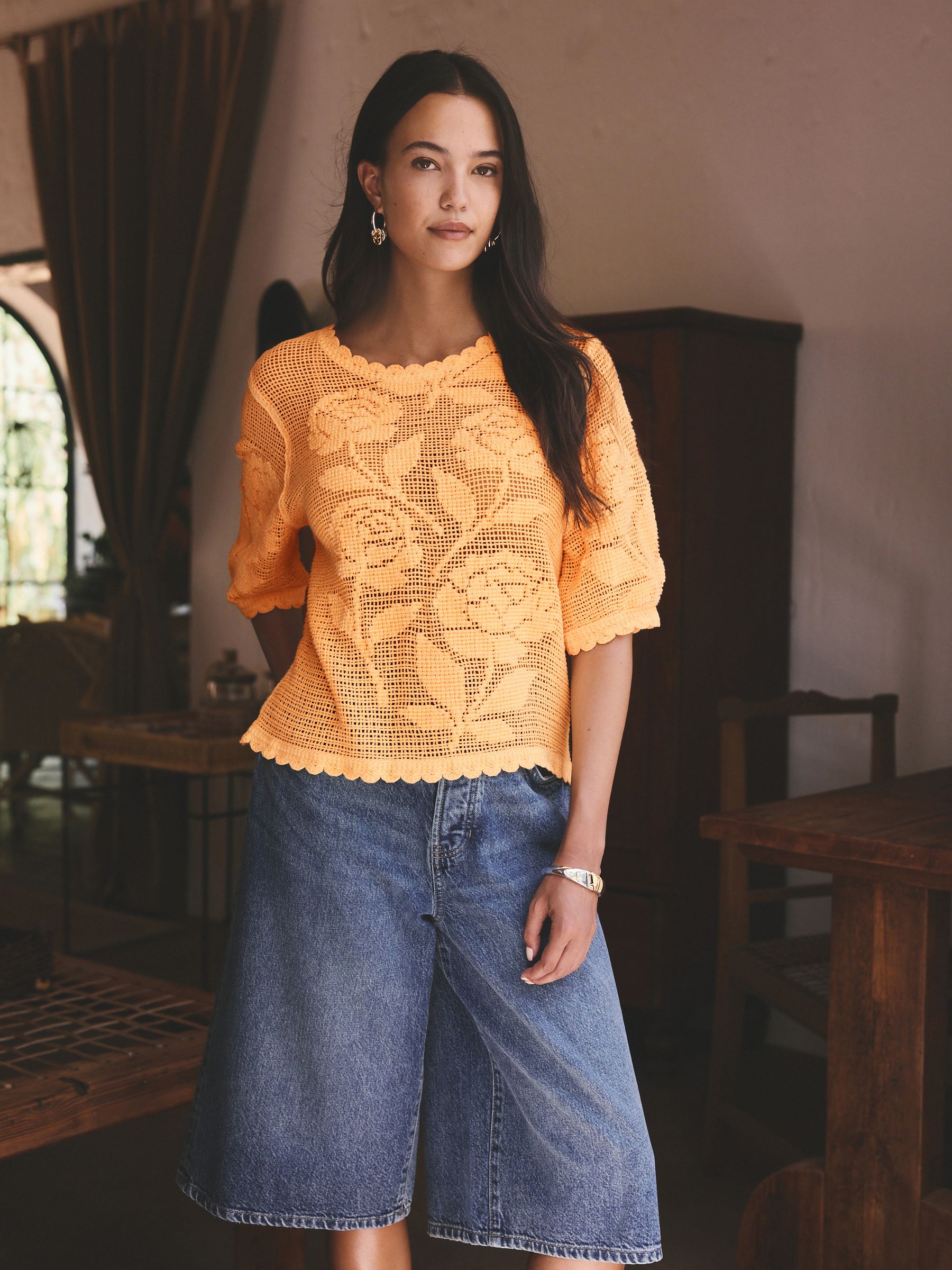 Buy Fluro Orange Floral Crochet Short Sleeve Crew Neck T-Shirt