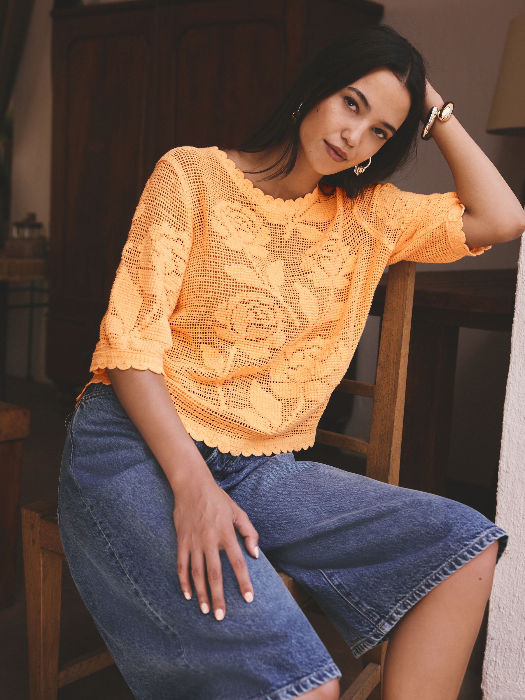 Buy Fluro Orange Floral Crochet Short Sleeve Crew Neck T-Shirt