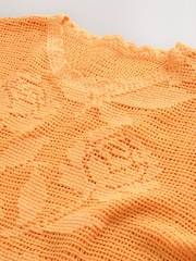 Fluro Orange Short Sleeve Floral Crochet Crew Neck T-Shirt - Image 3 of 3