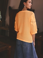 Fluro Orange Floral Crochet Short Sleeve Crew Neck T-Shirt - Image 4 of 8