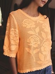 Fluro Orange Floral Crochet Short Sleeve Crew Neck T-Shirt - Image 5 of 8