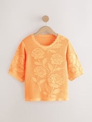 Fluro Orange Floral Crochet Short Sleeve Crew Neck T-Shirt - Image 6 of 8