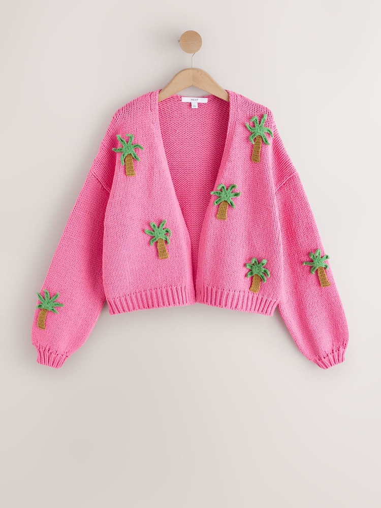 ピンク 3D パームツリー - Soft Touch Cotton Blend Chunky Knit Cardigan - 画像 1 / 3