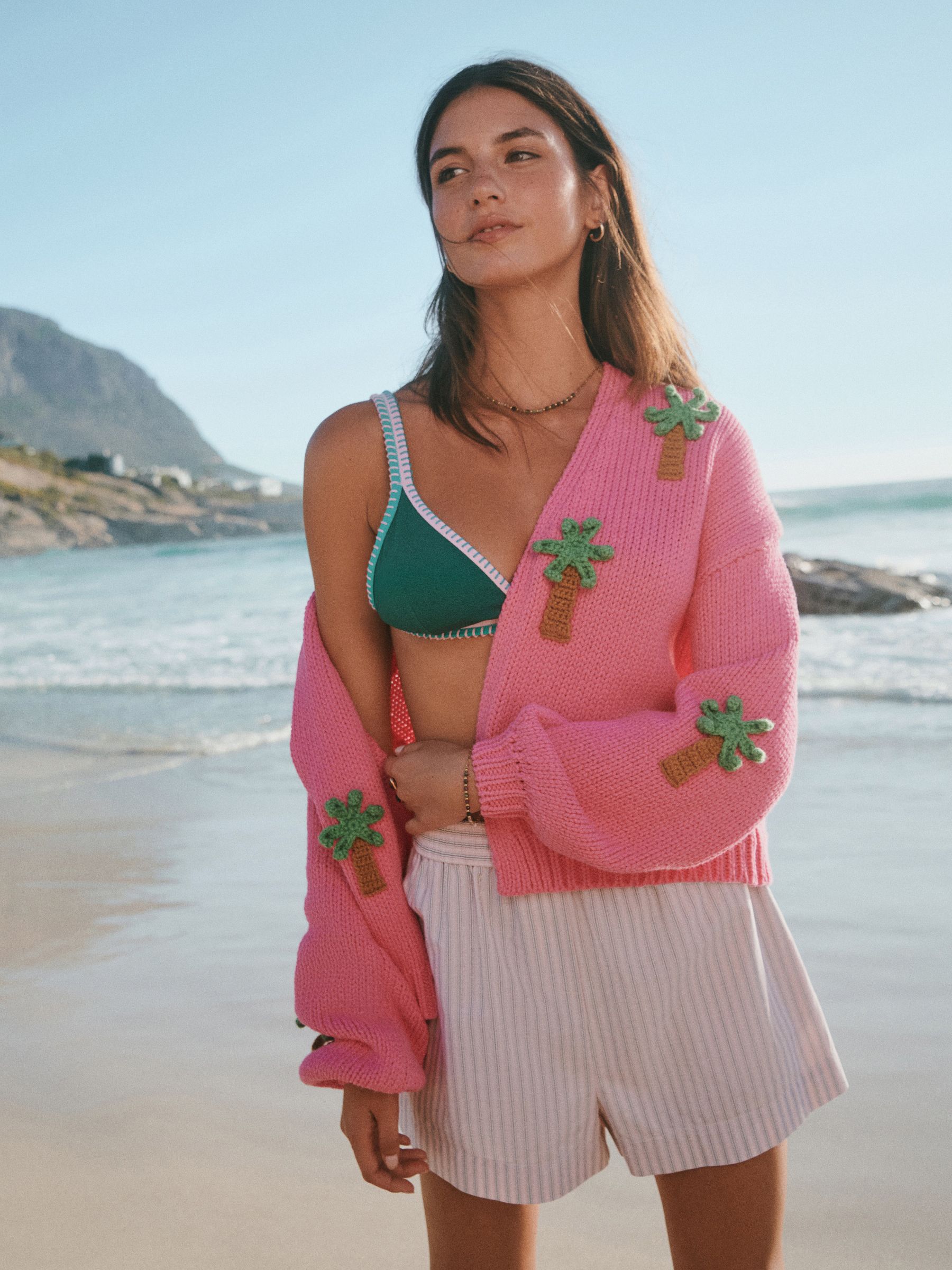 Buy Pink 3D Palm Tree Soft Touch Cotton Blend Chunky Knit Cardigan