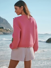 Pink 3D Palm Tree Soft Touch Cotton Blend Chunky Knit Cardigan - Image 4 of 8