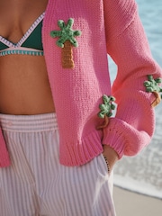 Pink 3D Palm Tree Soft Touch Cotton Blend Chunky Knit Cardigan - Image 5 of 8